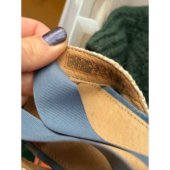 UGG Shiloh Suede Blue Sandals size 8.5 Wedge Espadrille Ribbon Tie Open Toe - Picture 5 of 11